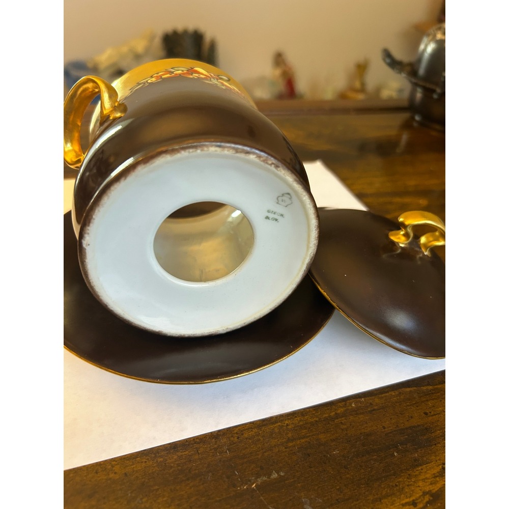 Vintage Czech Slov. Porcelain Condensed Milk Lidded Cup Saucer Fruit Gold Gilt - Picture 4 of 5